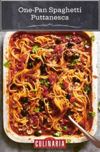 A tray of one-pan spaghetti puttanesca