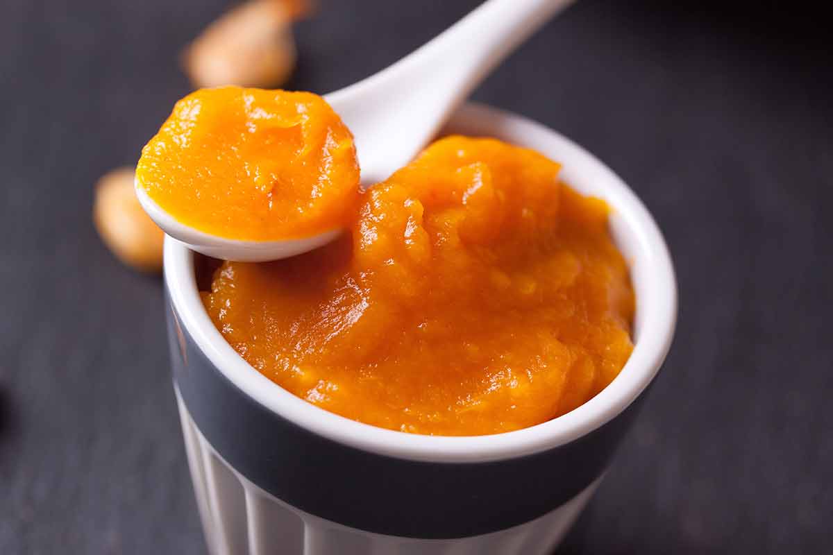 A small bowl and spoon full of pumpkin puree