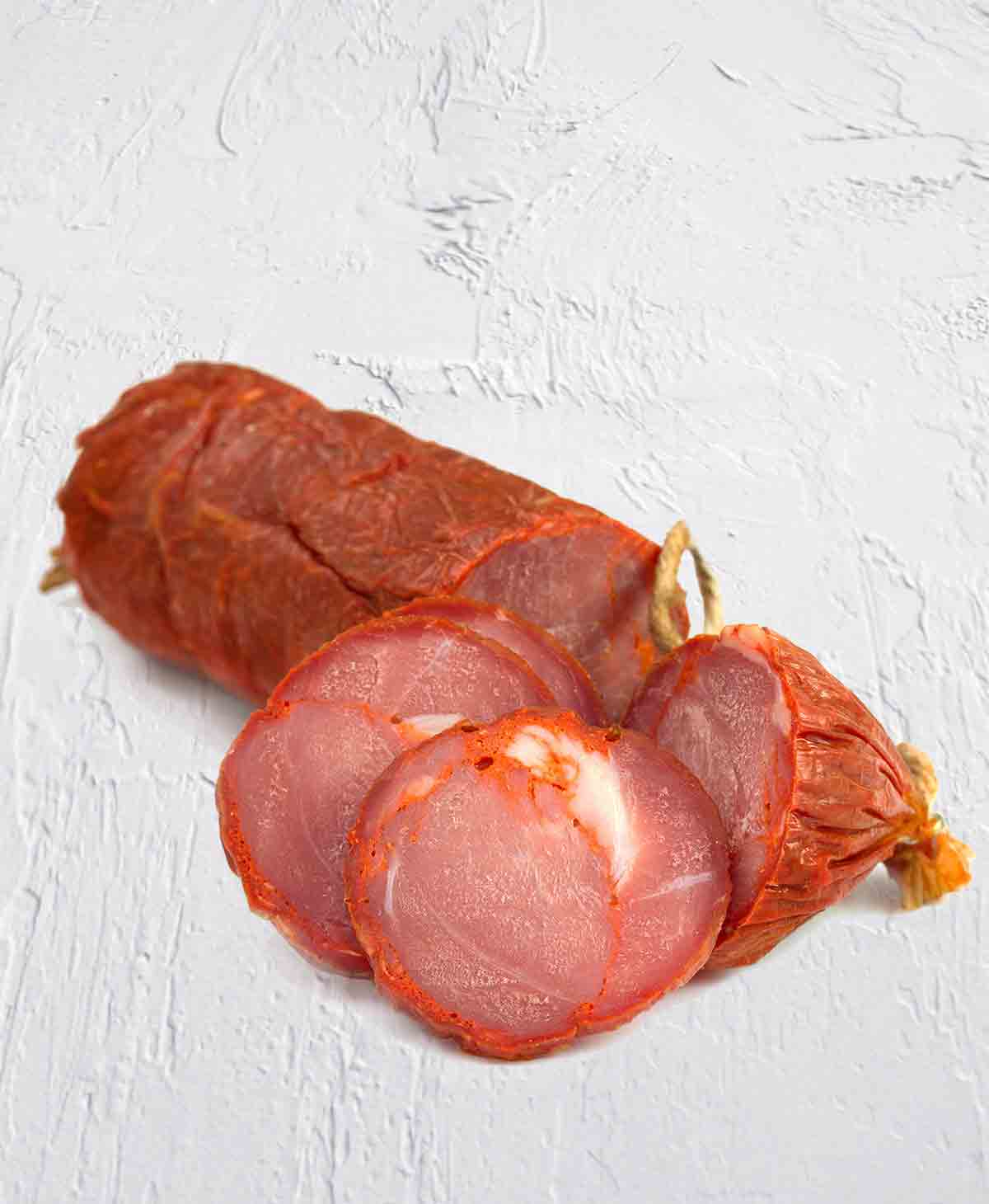 A link of salpicao pork sausage from Portugal