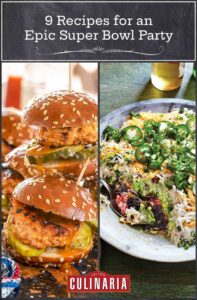 Two images: Nashville hot chicken sliders and seven layer dip