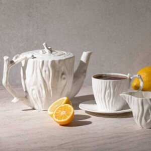 White Faux Bois Porcelain Tea Set with lemons.