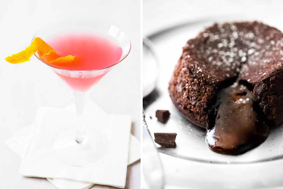 A cosmopolitan cocktail in a martini glass with a twist of orange zest and a photo of a motlen chocolate cake on a withe plate with a spoon, its filling oozing onto the plate.