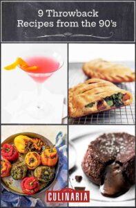 A photo of a cosmopolitan cocktail in a martini glass, two sausage and broccolini calzones, a dish filled with quinoa-stuffed peppers, and a molten chocolate cake on a plate.