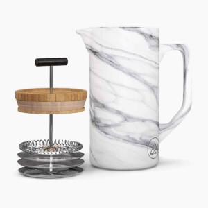 Marble Coffee Press with Bamboo Top with white background top off.