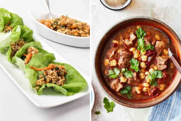 Images of two recipes using underrated canned foods -- Chinese chicken lettuce cups and Instant Pot pork stew with hominy.