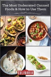 Images of four recipes that use underrated canned foods -- avocado breakfast tacos, Instant Pot pork stew, clam chowder, and Chinese chicken lettuce wraps.