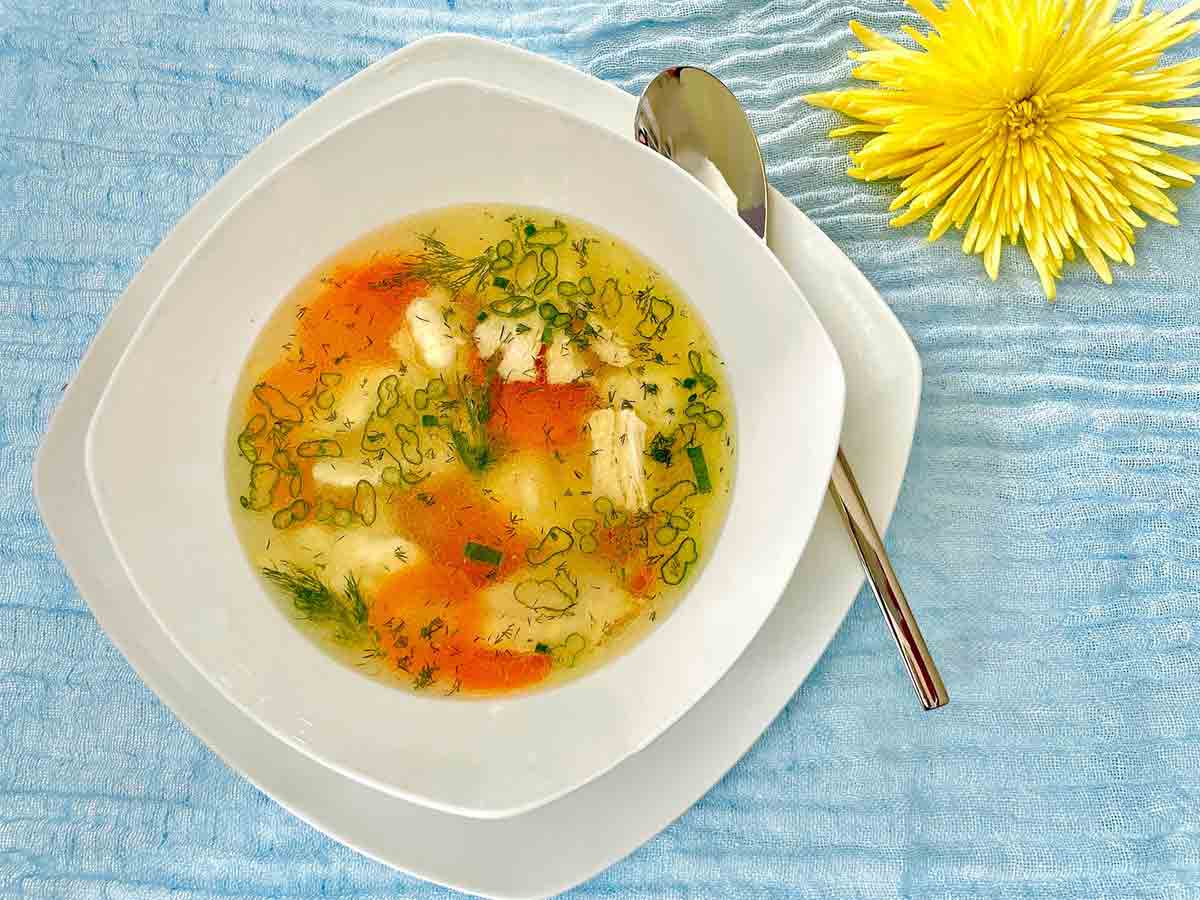 A bowl of Ukrainian chicken dumpling soup with shredded chicken, dill, scallions, and carrots and a spoon on the side