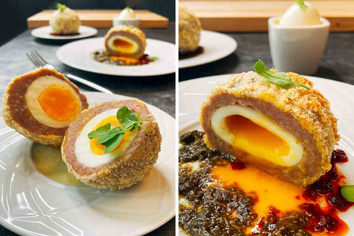 Two images of air fryer Scotch eggs cut in half on white plates.