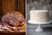 Images of two Easter recipes -- glazed ham and coconut cake