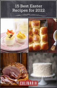 Images of four Easter recipes -- deviled eggs, dinner rolls, glazed ham, and coconut cake