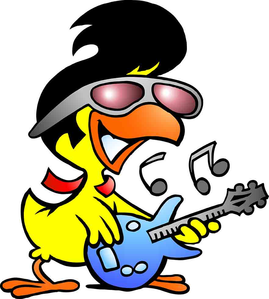 A caricature of a chicken dressed as Elvis