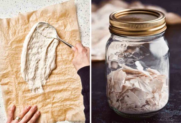 An image of a person showing how to dry sourdough starter and a mason jar half full of dried starter