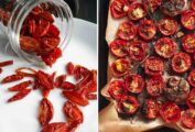 Images of tomato crisps and slow roasted tomatoes with garlic and herbs.