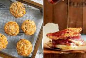 Images of two leftover ham recipes -- ham and Cheddar biscuits and a monte cristo sandwich