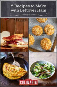 Images of four leftover ham recipes -- monte cristo, ham and Cheddar biscuits, ham and cheese omelet, and an arugula and ham salad