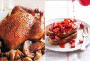 Images of 2 Mother's day recipes -- roast chicken and challah French toast