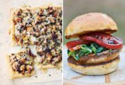 Images of two mushroom recipes -- mushroom, leek, and Gruyère tart and spinach, tomato, and mushroom burger