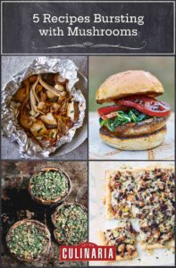 Images of four mushroom recipes -- mushrooms in foil packets, spinach and mushroom burger, stuffed mushrooms, mushroom leek tart