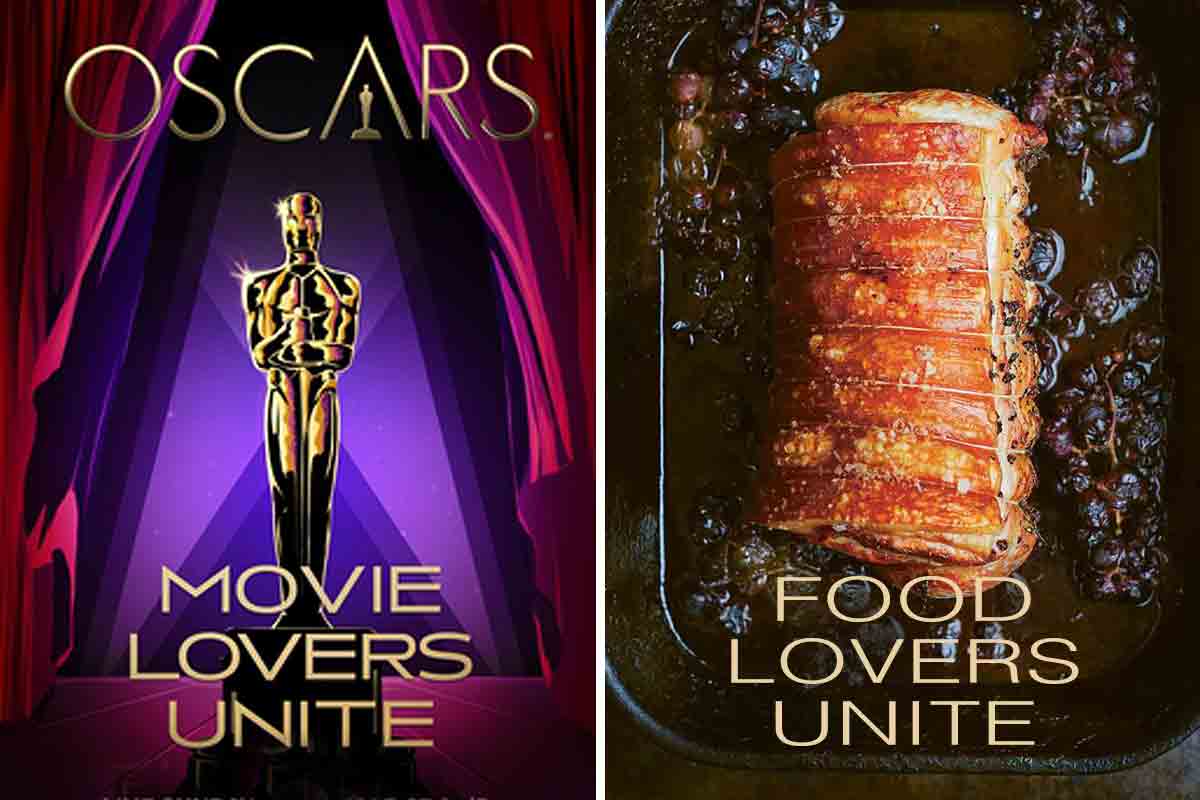 A split image of an Oscar and a roast pork loin with crushed grapes
