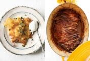Images of two Passover recipes -- Cheddar potato latkes and Nach Waxman's brisket.