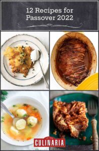 Images of four Passover recipes -- latkes, brisket, matzo ball soup, and apple cake
