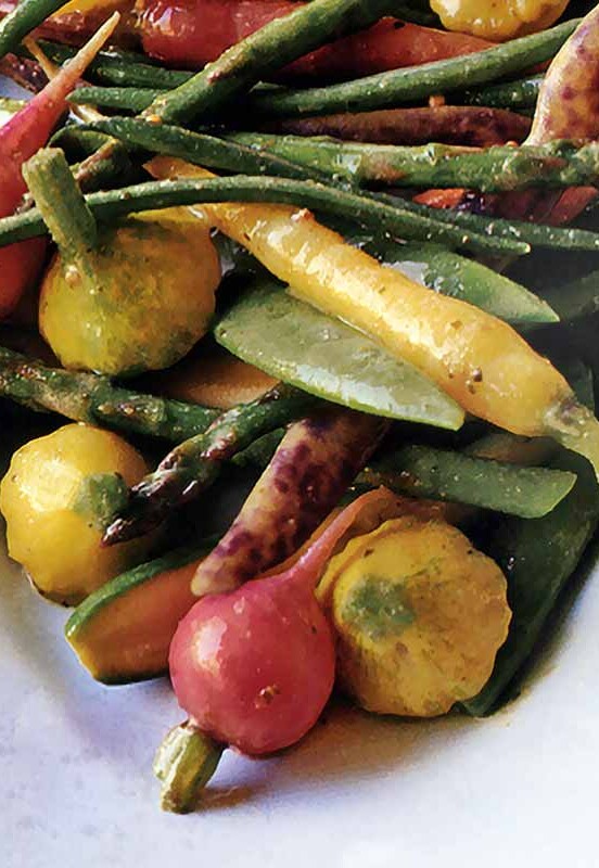 Radishes, carrots, squash, green bean in a jumble of pickled spring vegetables with mustard-seed vinaigrette.