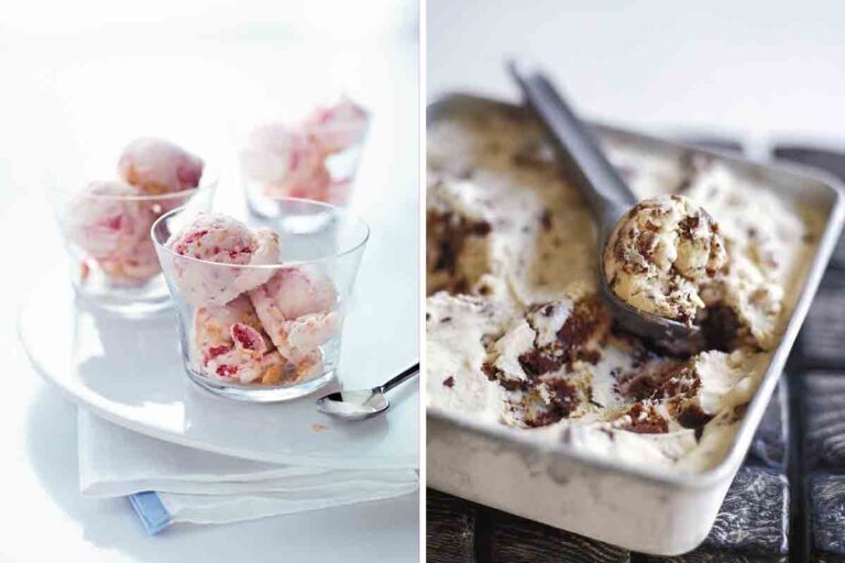 Images of 2 decadent ice cream recipes -- strawberry cheesecake and brownie ice cream