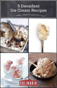 Images of 4 decadent ice cream recipes -- brownie, sweet cream, strawberry cheesecake, and butter pecan