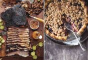 Images of two Memorial day recipes -- brisket and blueberry crumble pie.
