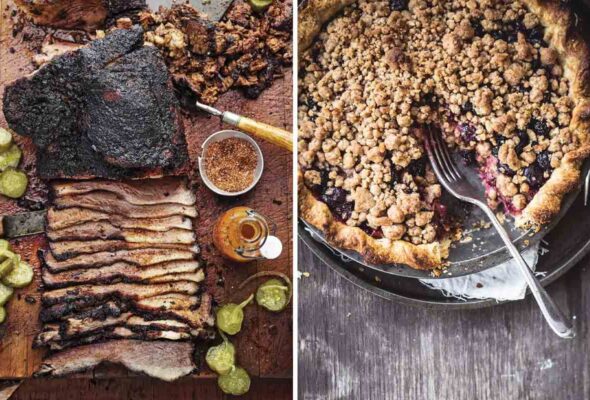Images of two Memorial day recipes -- brisket and blueberry crumble pie.