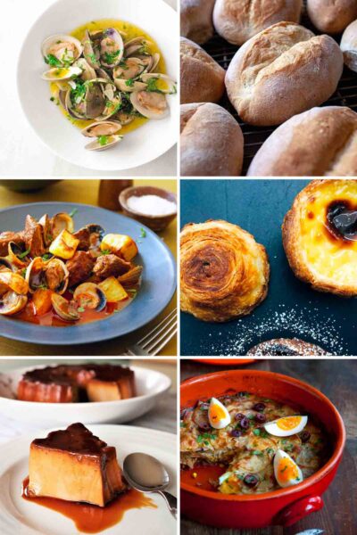 Six images of Portuguese recipes: clams in white wine, papos secos, porco Alentejana, pasteis de nata, flan, bacalhau a Gomes de Sa