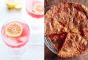 Images of 2 rhubarb recipes -- rhubarb sour and brown sugar rhubarb pie