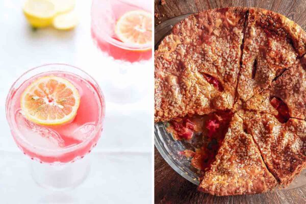 Images of 2 rhubarb recipes -- rhubarb sour and brown sugar rhubarb pie