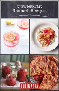 Images of 4 rhubarb recipes -- rhubarb sour, steel cut oats with rhubarb applesauce, rhubarb jam, and brown sugar rhubarb pie