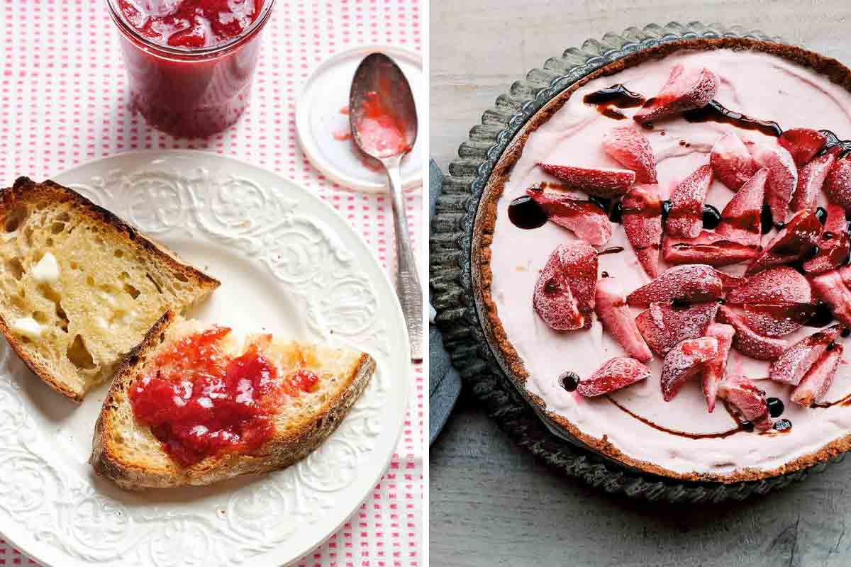 A white plate with toast and strawberry jam next to an image of a strawberry ice cream pie.