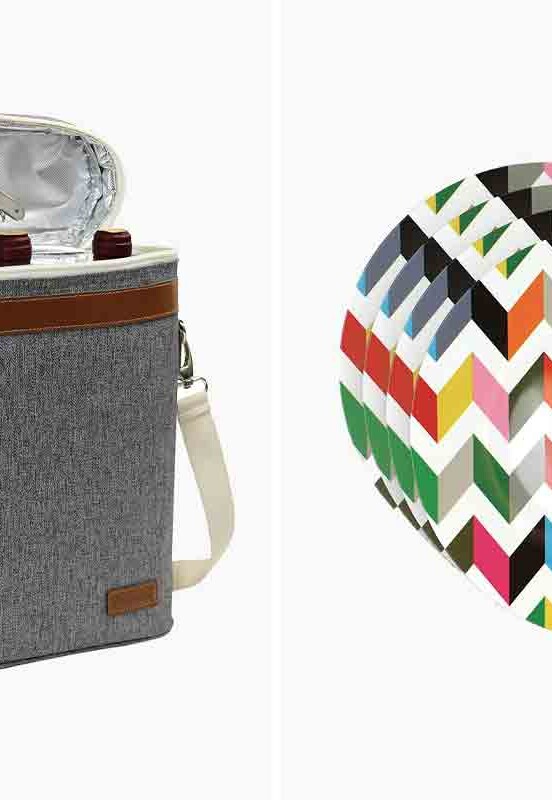 Images of a wine cooler tote and four melamine plates, both outdoor entertaining essentials.