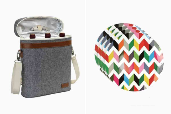 Images of a wine cooler tote and four melamine plates, both outdoor entertaining essentials.