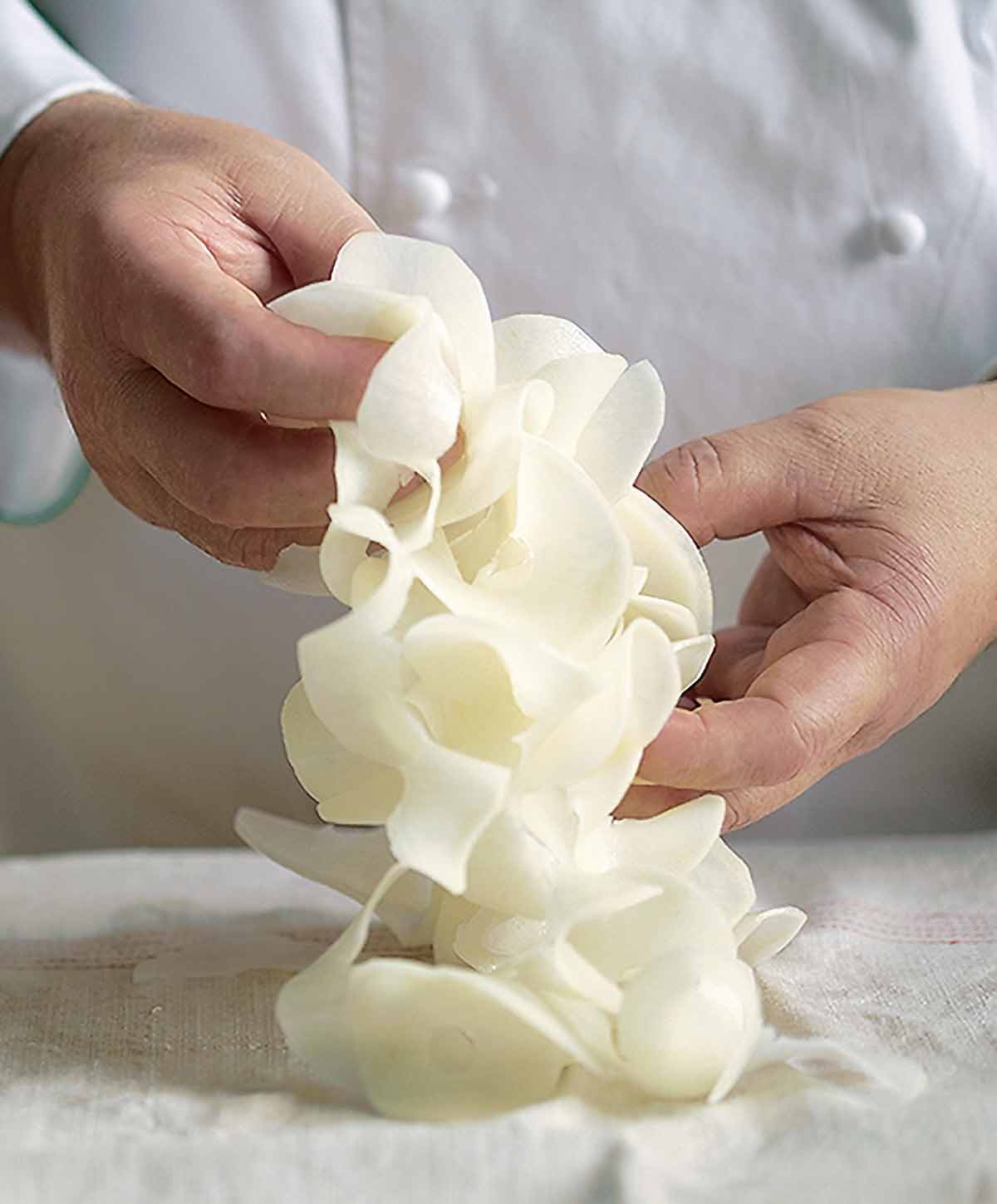 A person holding slices of ribboned potatoes.