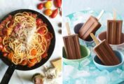 Images of spaghetti with cherry tomatoes and four bowls containing Mexican chocolate popsicles.