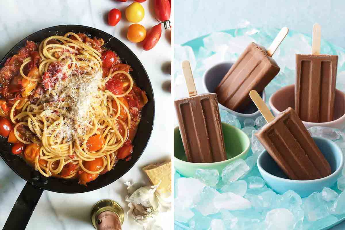 Images of spaghetti with cherry tomatoes and four bowls containing Mexican chocolate popsicles.