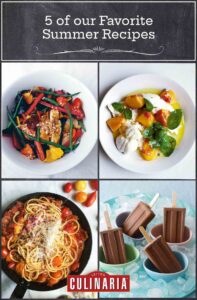 Images of chicken and green bean salad, peach and burrata salad, spaghetti with cherry tomatoes, and Mexican chocolate popsicles.