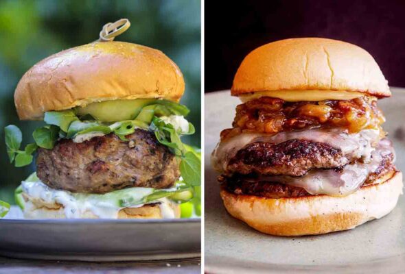 A lamb burger topped with greens and tzatziki and a double cheeseburger with caramelized onions.