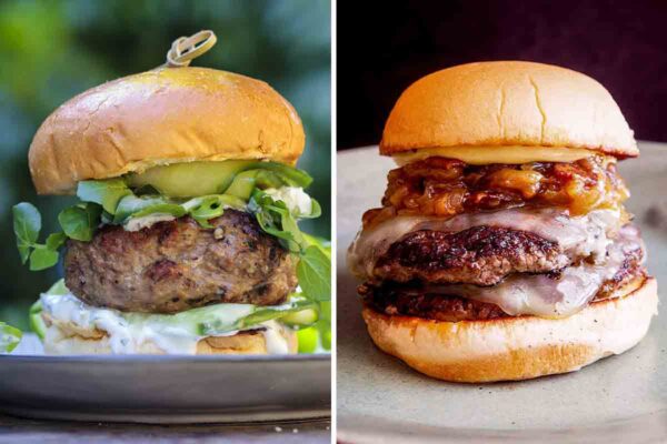 A lamb burger topped with greens and tzatziki and a double cheeseburger with caramelized onions.