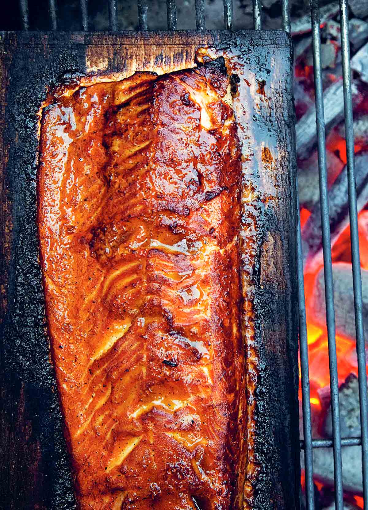 Half of a whole salmon on a cedar plank over glowing coals.