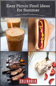 Images of a Greek frappe, a hot dog in a bun with mustard, barbecued beef back ribs, and a serving of strawberry icebox cake.