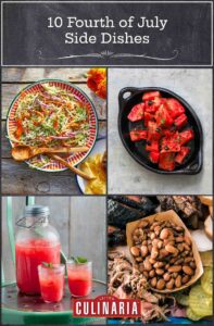 Images of four Fourth of July side dish recipes -- coleslaw, watermelon with Aleppo pepper, watermelon limeade, and barbecue beans.