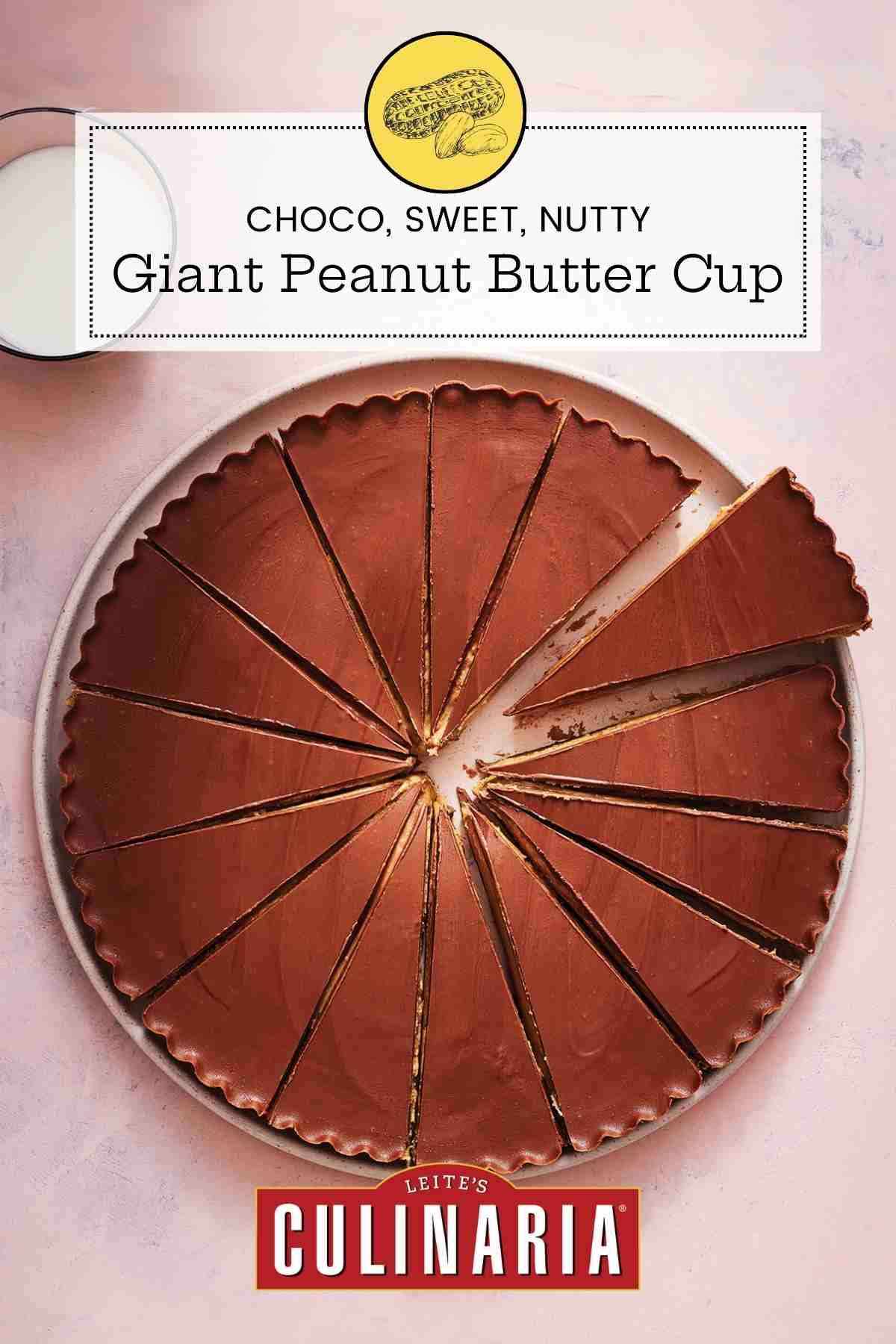 A giant peanut butter cup on a plate, cut into 15 wedges.