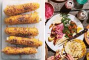 Images of grilled corn on the cob and grilled chicken thighs with pita bread.