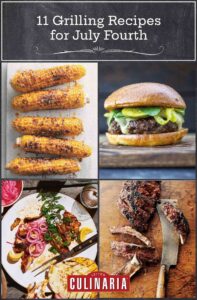 Images of grilled corn on the cob, a venison burger, grilled chicken thighs, and ribs.