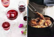 Images of 2 Juneteenth recipes -- hibiscus cocktail and fried chicken.